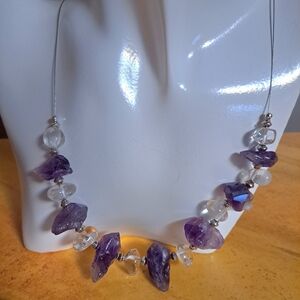 Raw Amethyst Crystal &  Polished Clear Crystal Nugget Quartz Necklace